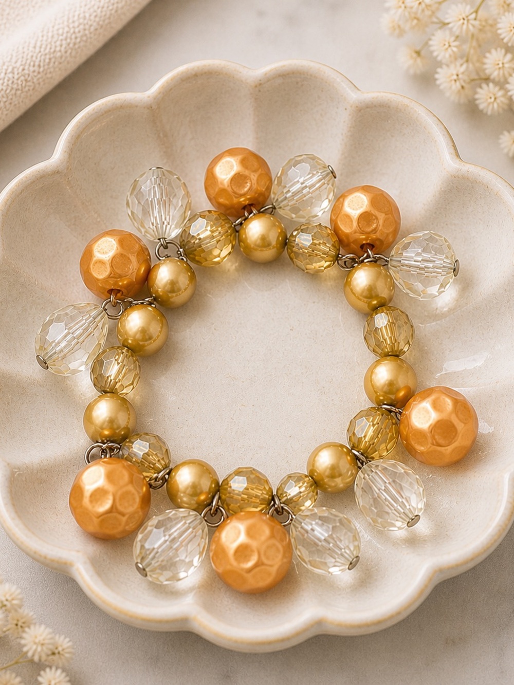 Gold & Amber Beaded Charm Bracelet Crystal Drop Stretch